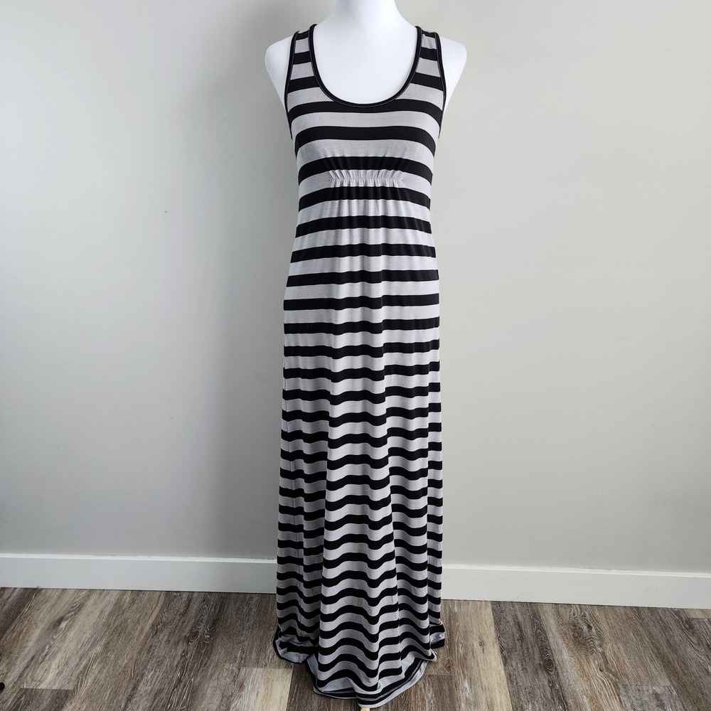 Kavu Striped Maxi Dress Womens Small Black Gray‎ Racerback Shelf Bra Stretch